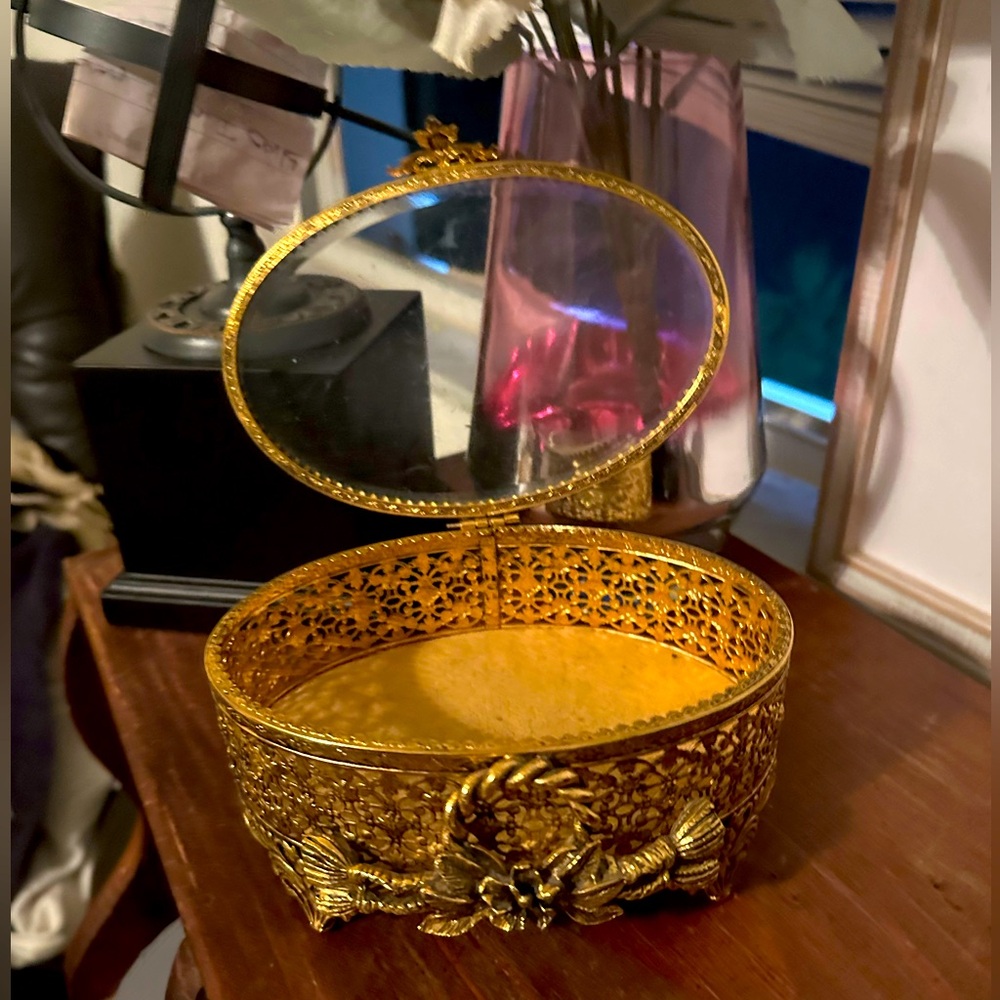 Vintage Bronze Filigree JewelryTrinket Box